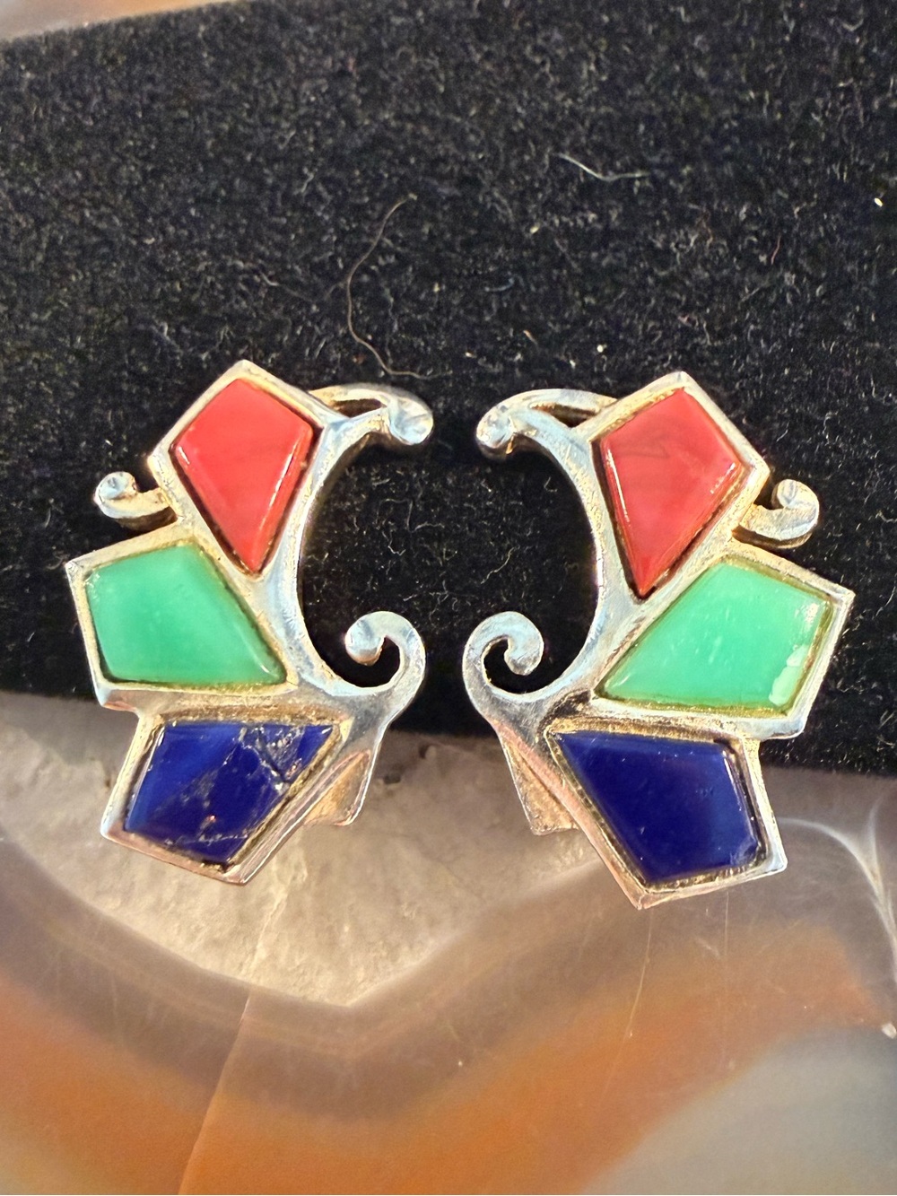 Vintage McClellan Barclay Colrful Clip-On Earrings Red, Green & Blue Guc .75”
